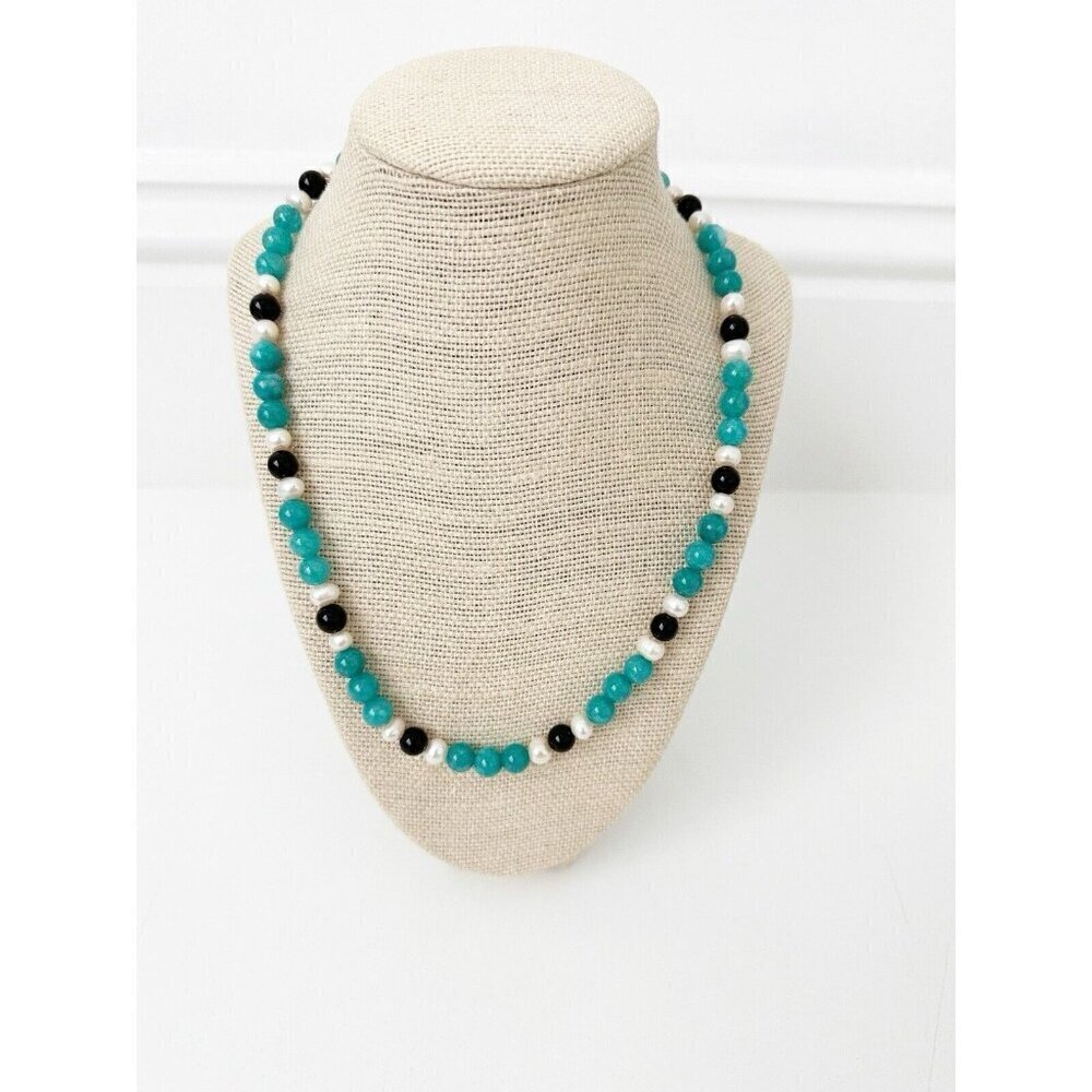 NWT Genuine Agate, Black Onyx & White Pearls Necklace Beaded Blue